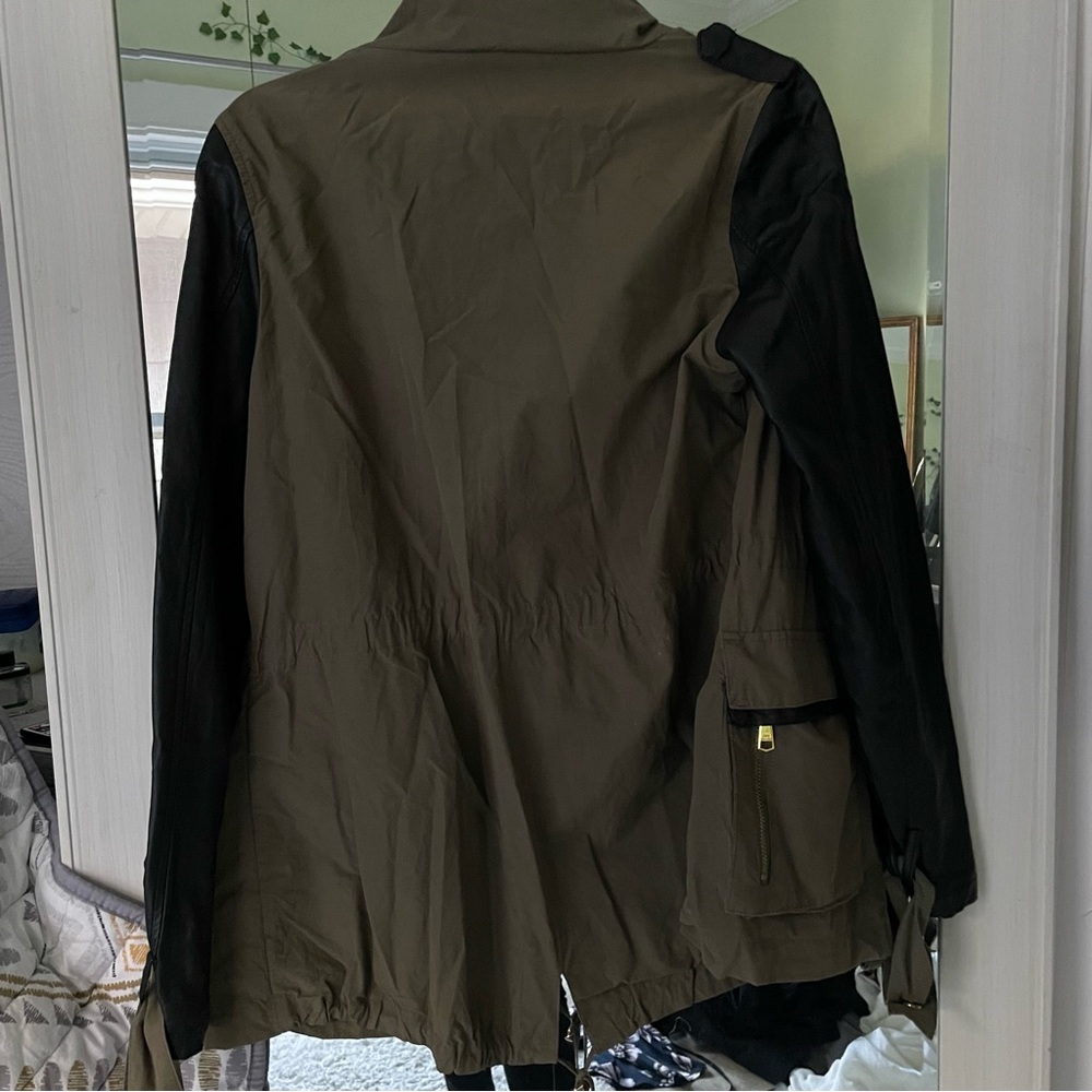 Steve Madden olive green leather sleeve hooded jacket. Size medium